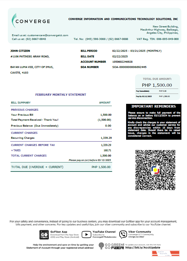Philippines Converge utility bill template in Word and PDF formats